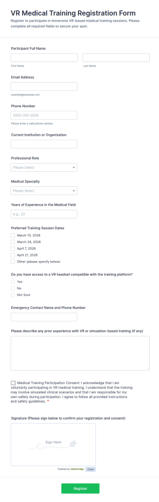 VR Medical Training Registration Form Template
