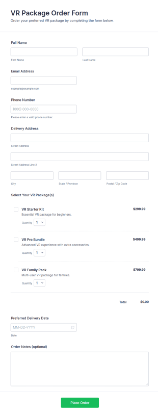 VR Package Order Form Template