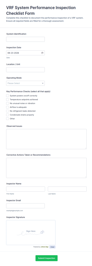 VRF System Performance Inspection Checklist Form Template