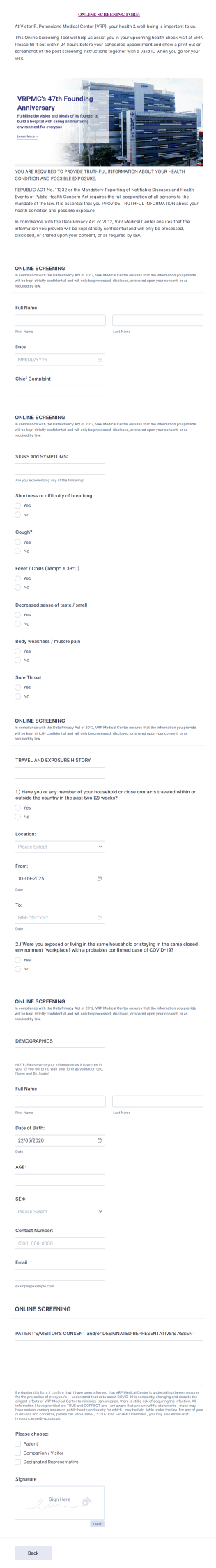 Medical Center Online Screening Form Template