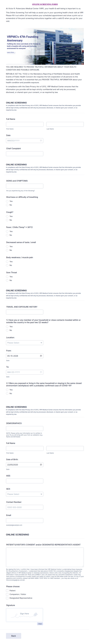 Medical Center Online Screening Form Template