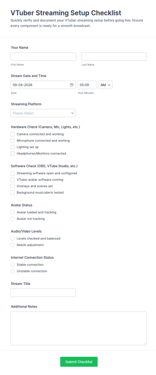 VTuber Streaming Setup Checklist Form Template