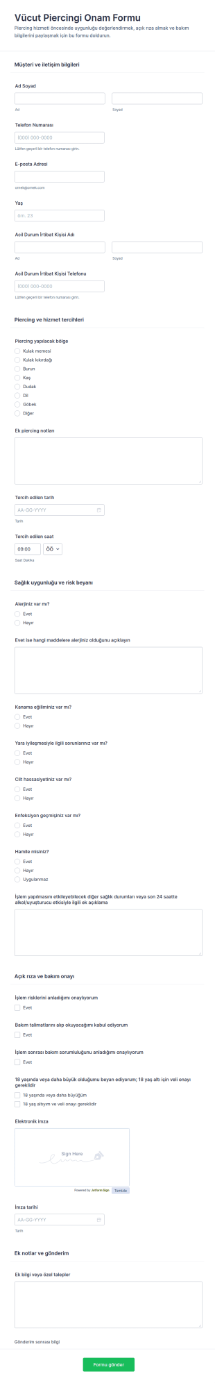 Vücut Piercing Rızası Form Şablonu