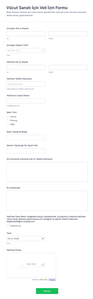 Vücut Sanatı İçin Veli İzin Form Şablonu