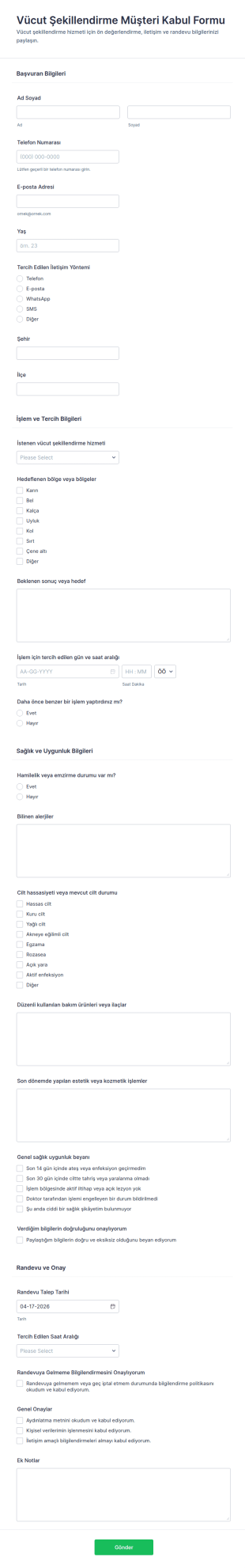 Vücut Şekillendirme Müşteri Bilgi Form Şablonu