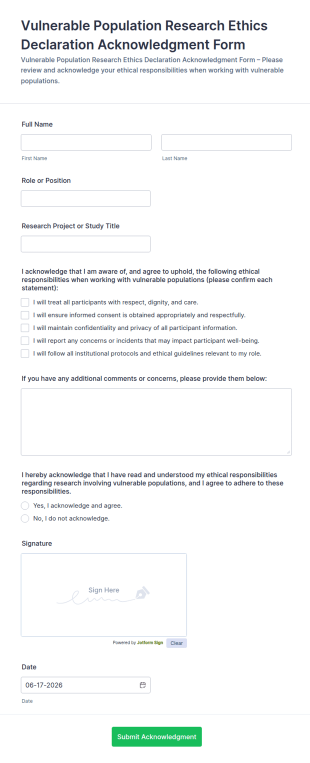 Vulnerable Population Research Ethics Declaration Acknowledgment Form Template