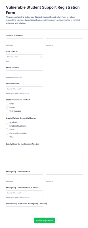 Vulnerable Student Support Registration Form Template
