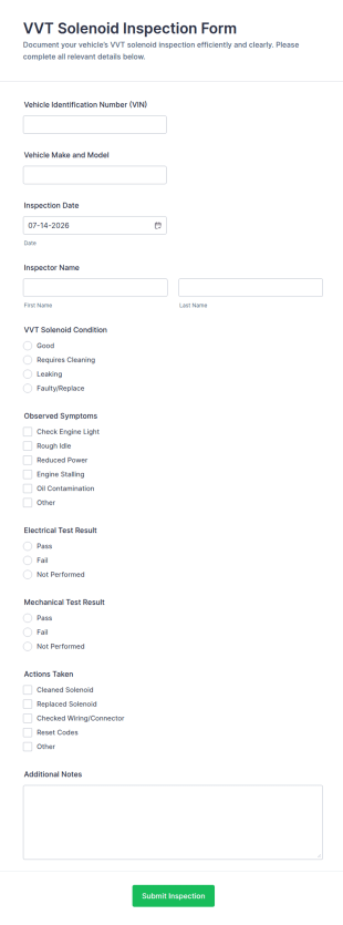 VVT Solenoid Inspection Form Template