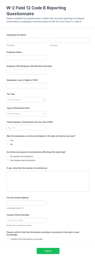 W 2 Field 12 Code B Reporting Questionnaire Form Template