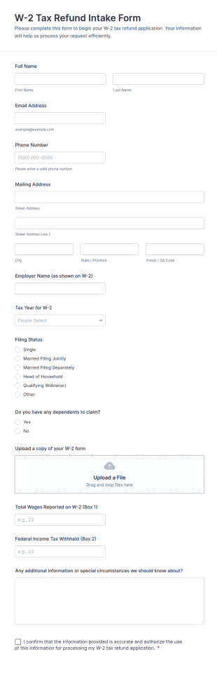 W 2 Tax Refund Intake Form Template