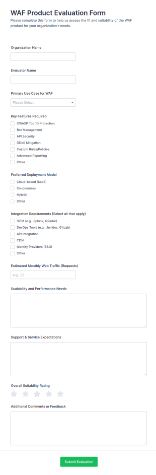 WAF Product Evaluation Form Template