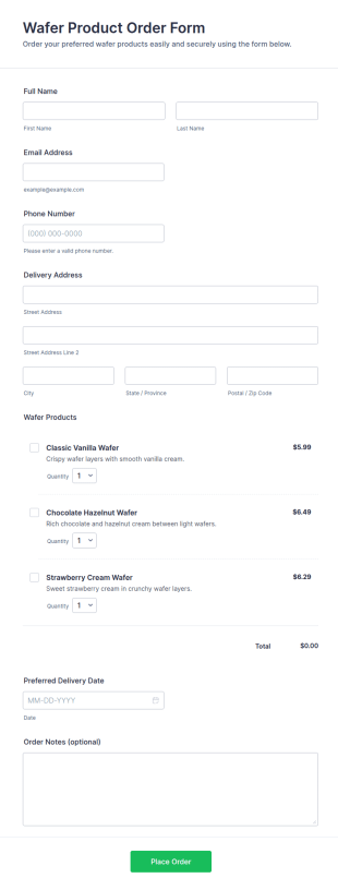 Wafer Product Order Form Template
