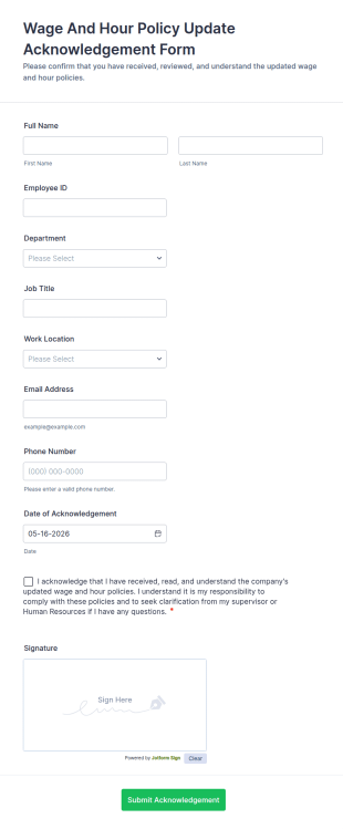 Wage And Hour Policy Update Acknowledgement Form Template