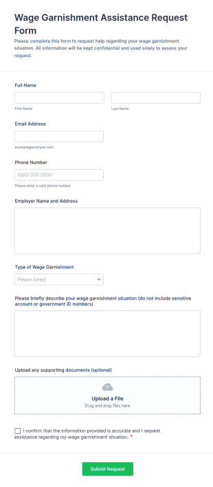 Wage Garnishment Assistance Request Form Template