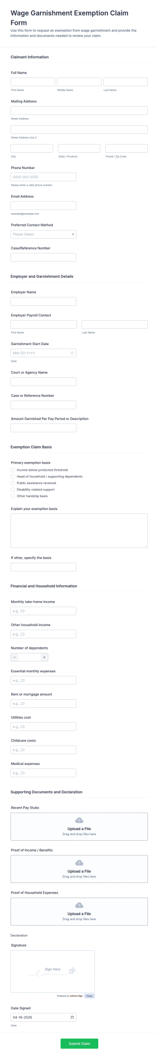 Wage Garnishment Exemption Claim Form Template