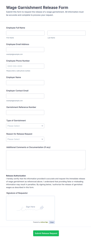 Wage Garnishment Release Form Template
