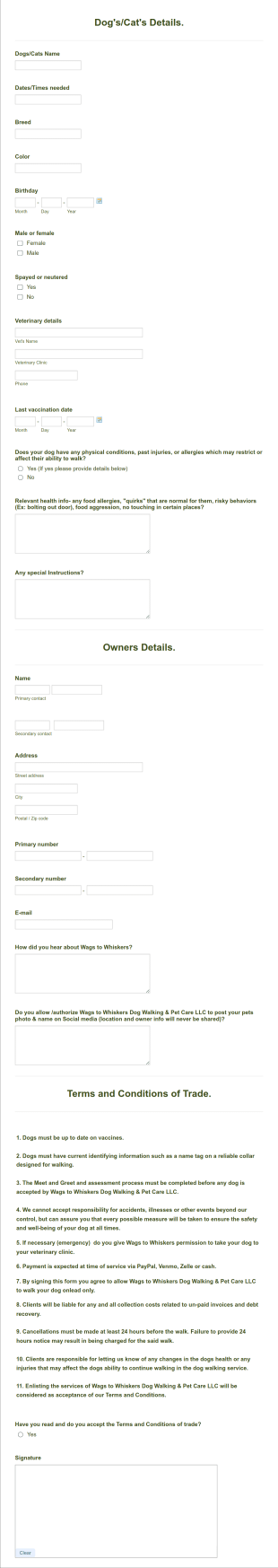 Wags To Whiskers New Client Info Form Template