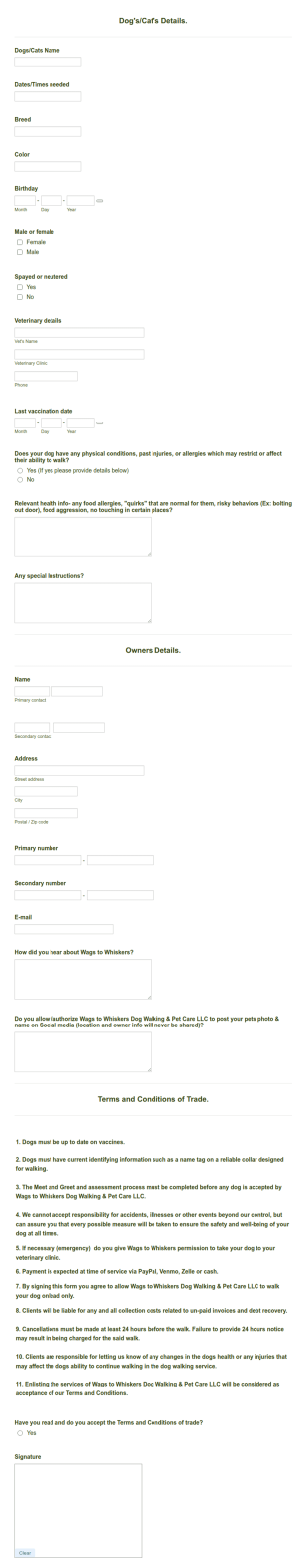 Wags To Whiskers New Client Info Form Template
