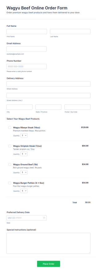 Wagyu Beef Online Order Form Template