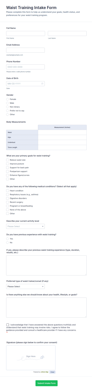 Waist Training Intake Form Template