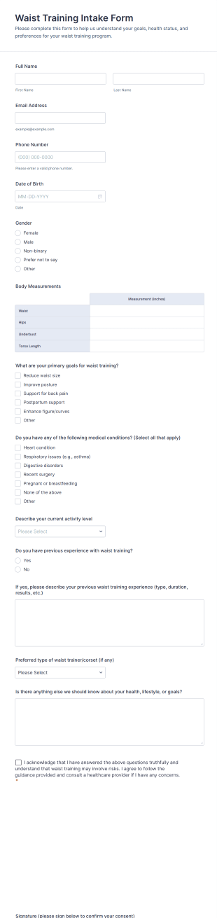 Waist Training Intake Form Template