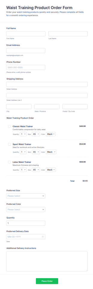 Waist Training Product Order Form Template
