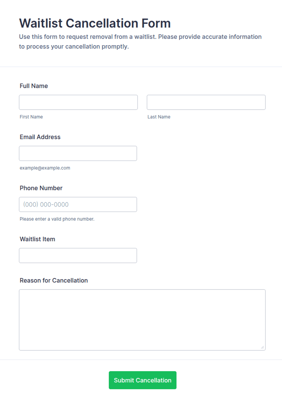 Waitlist Cancellation Form Template | Jotform