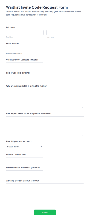 Waitlist Invite Code Request Form Template