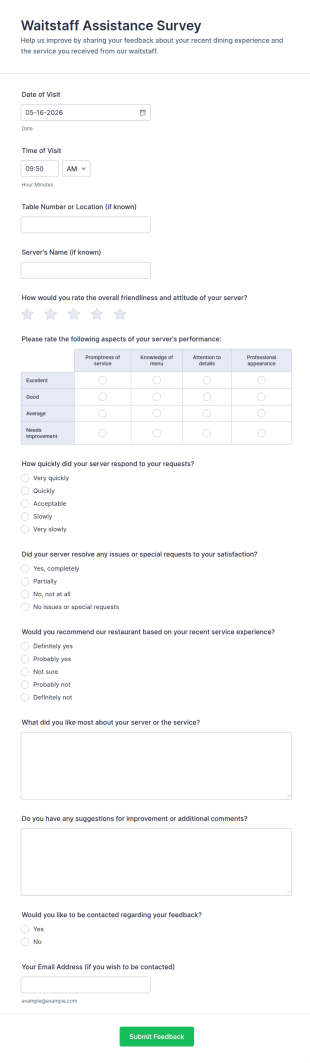 Waitstaff Assistance Survey Form Template