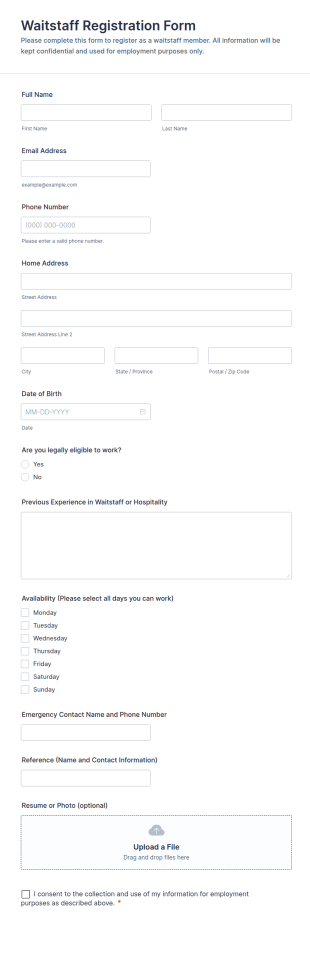 Waitstaff Registration Form Template