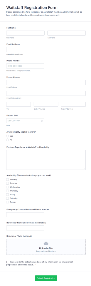 Waitstaff Registration Form Form Template