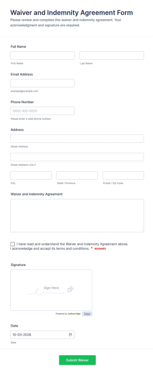 Waiver And Indemnity Agreement Form Template