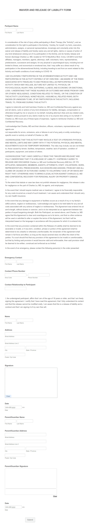 Waiver And Release Of Liability Form Template