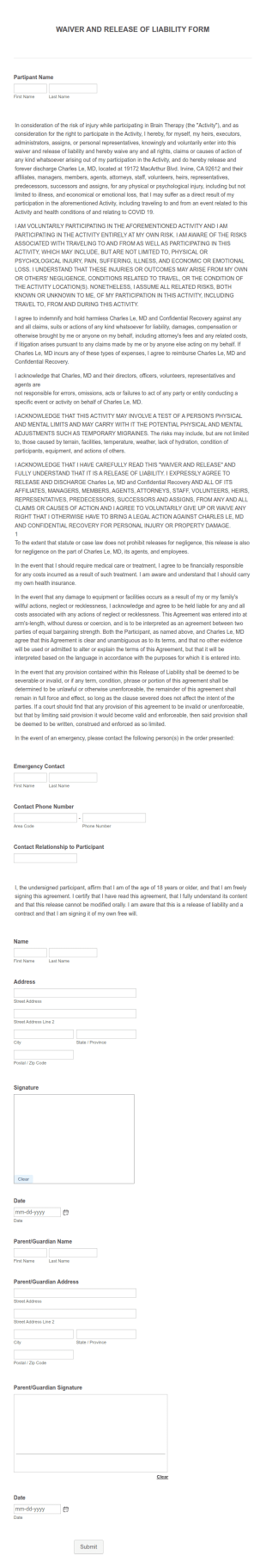 Waiver And Release Of Liability Form Template