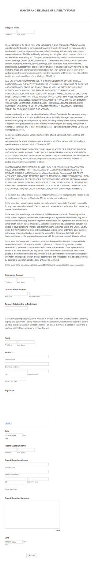 Waiver And Release Of Liability Form Template