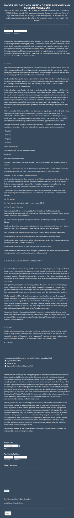 WAIVER Brow Lamination Tint Form Template