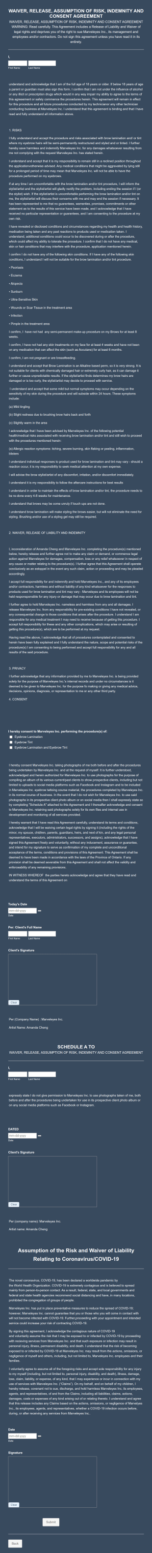 WAIVER Brow Lamination Tint Form Template