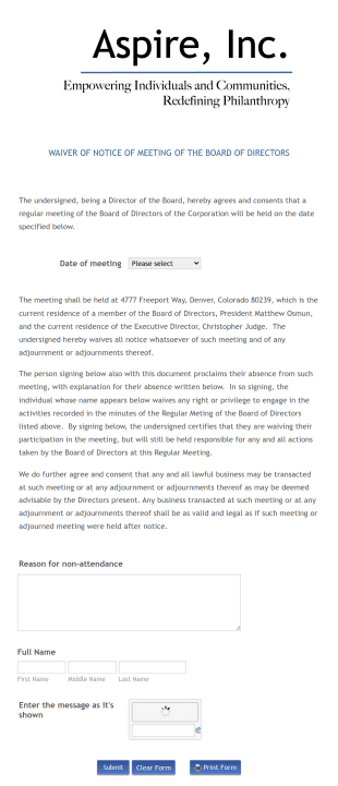 Waiver Of Notice Of Meeting Of The Board Of Directors Form Template