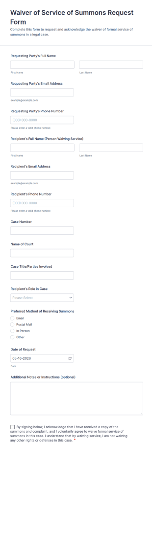 Waiver Of Service Of Summons Request Form Template