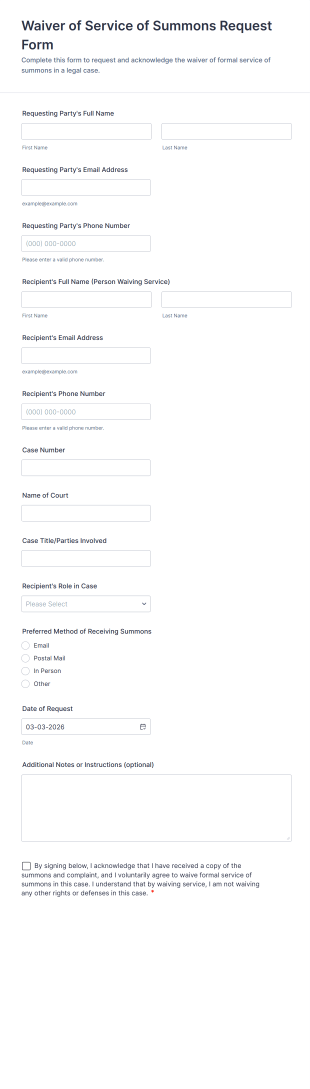 Waiver Of Service Of Summons Request Form Template