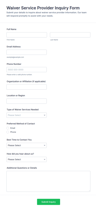 Waiver Service Provider Inquiry Form Template