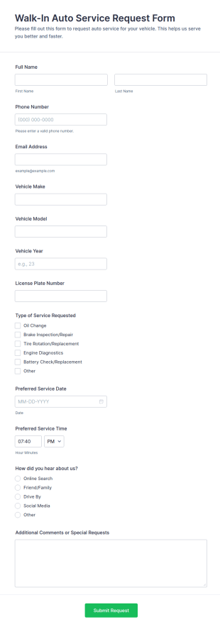 Walk In Auto Service Request Form Template