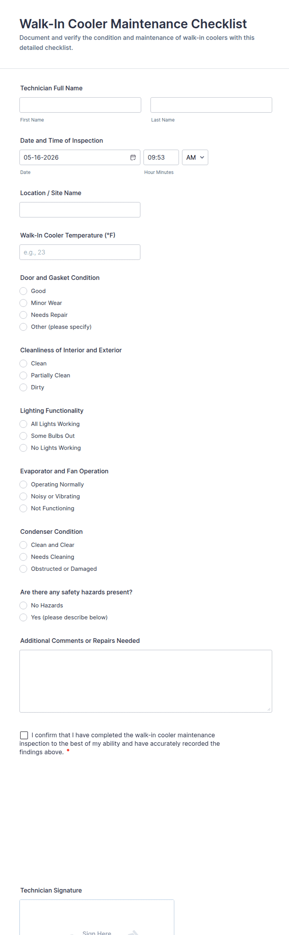 Walk In Installation Form Walk-In Cooler Maintenance Checklist Form Template | Jotform