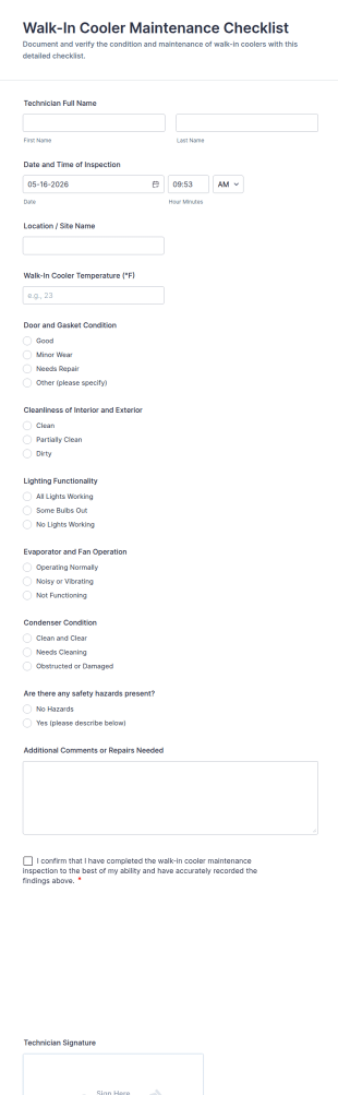Walk In Cooler Maintenance Checklist Form Template