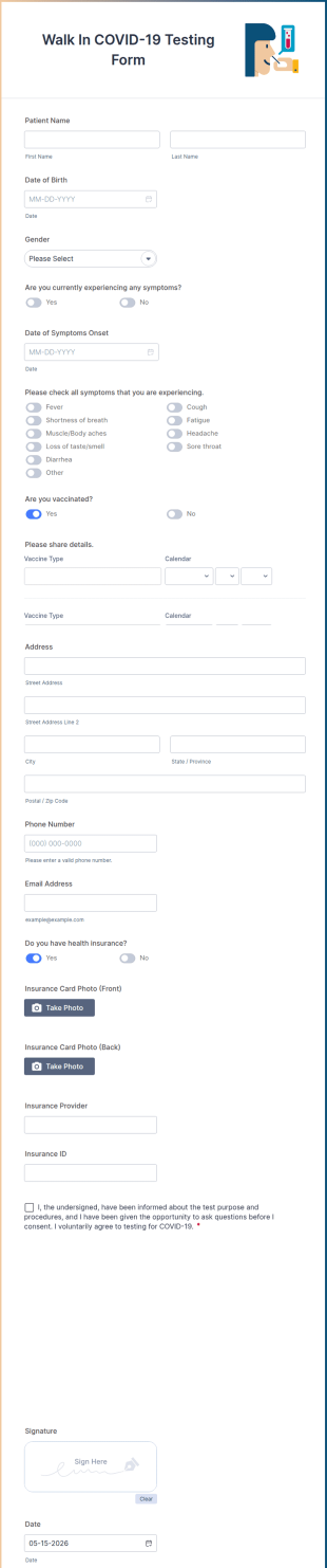 Walk In COVID 19 Testing Form Template