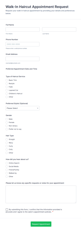 Walk In Haircut Appointment Request Form Template