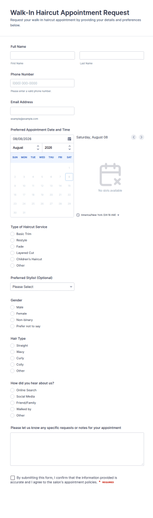 Walk In Haircut Appointment Request Form Template