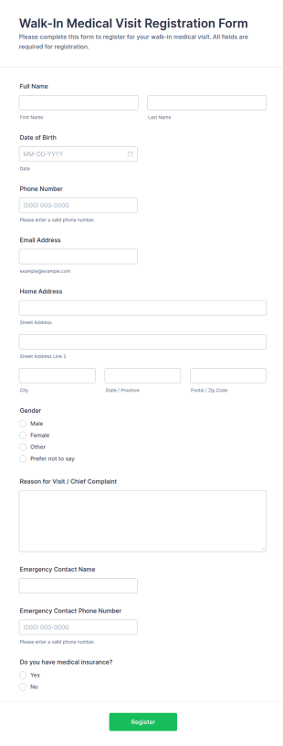 Walk In Medical Visit Registration Form Template