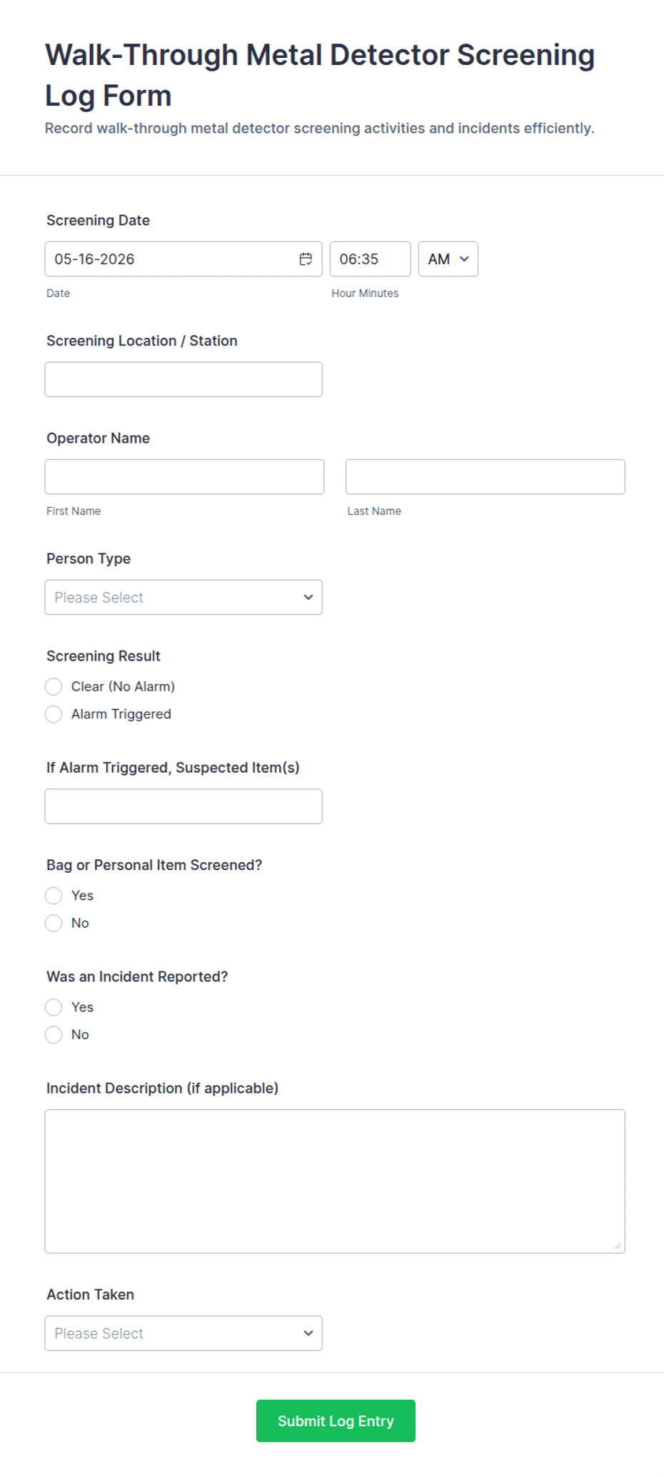 Walk-Through Metal Detector Screening Log Form Template | Jotform