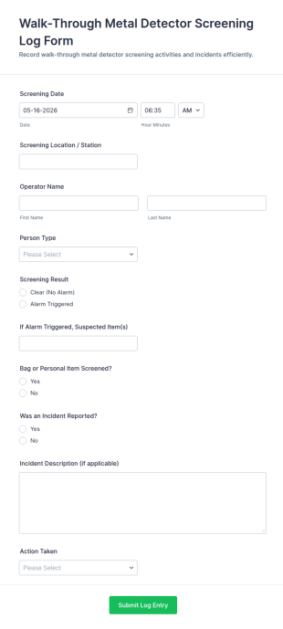Walk Through Metal Detector Screening Log Form Template
